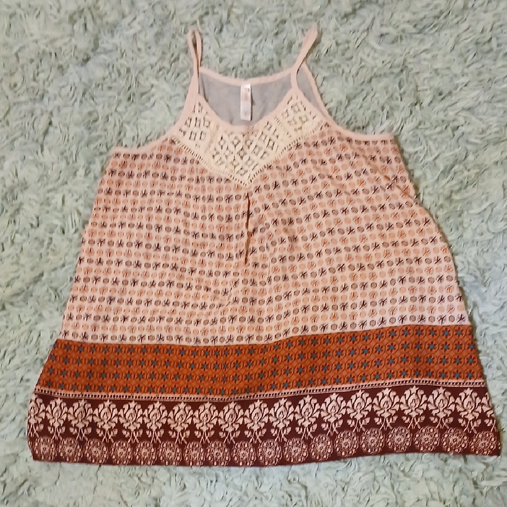 Xhilaration Pink & Brown Crochet Yoke Spaghetti Strap Tank